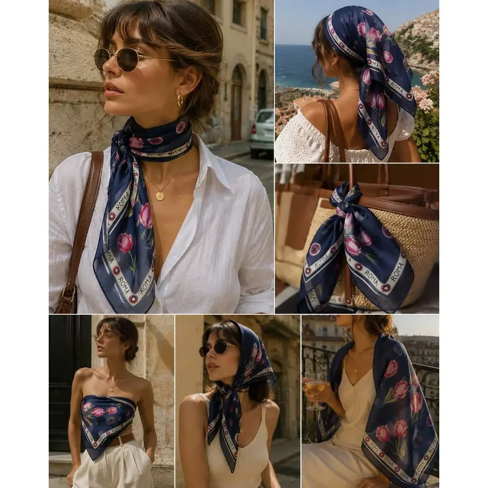 Vintage ROMA Tulip Sheer Scarf Navy Blue Pink Floral Italian Inspired Wrap